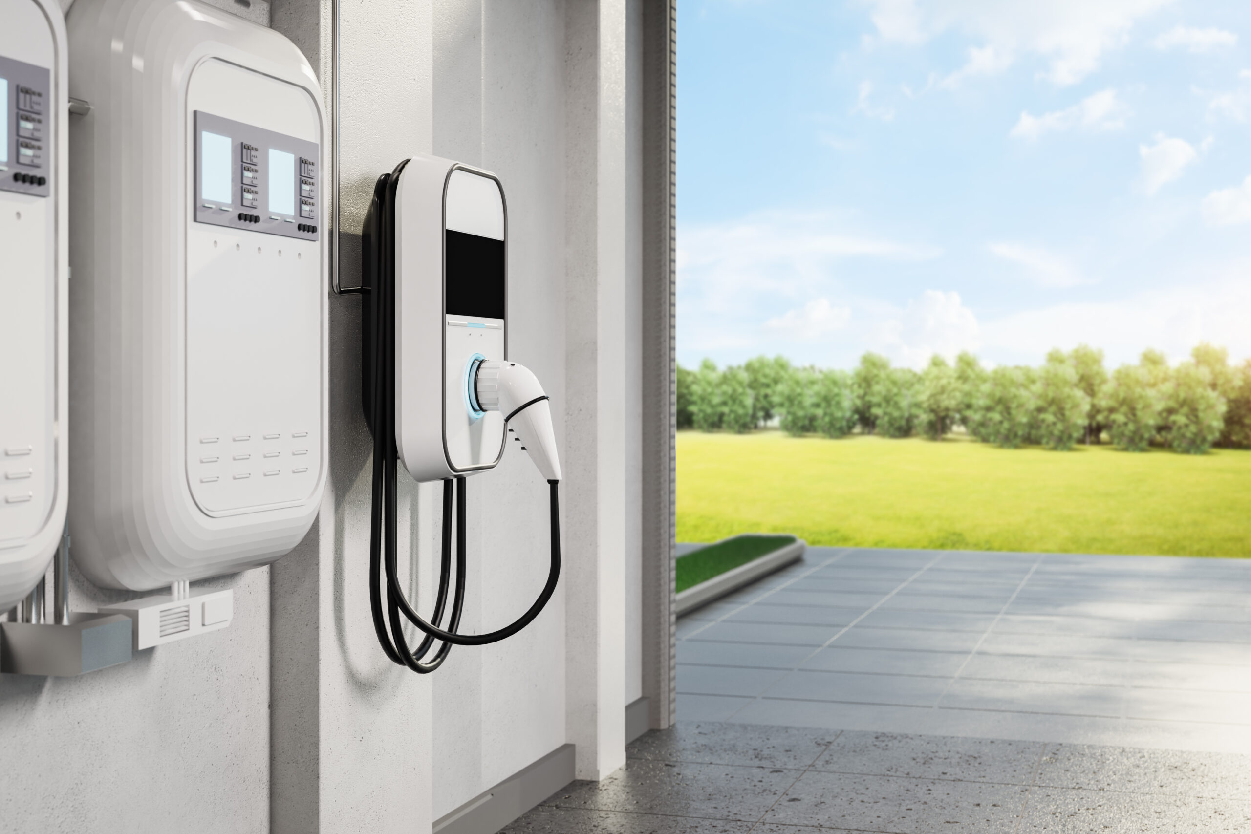 3d rendering ev charger or wall charger at home garage