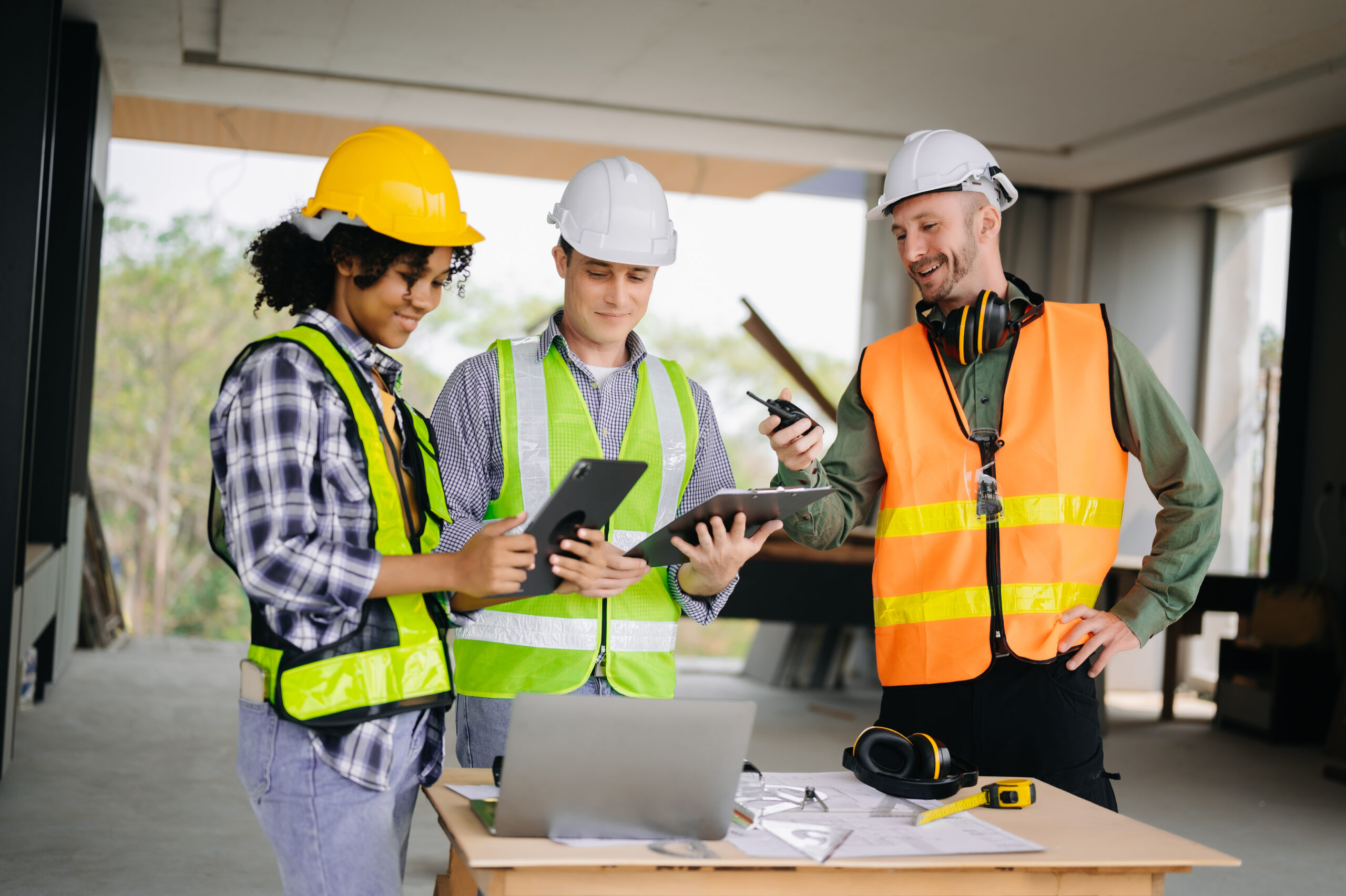 Engineer team meeting working together, wear worker hardhats on construction site in modern city. industry professional team