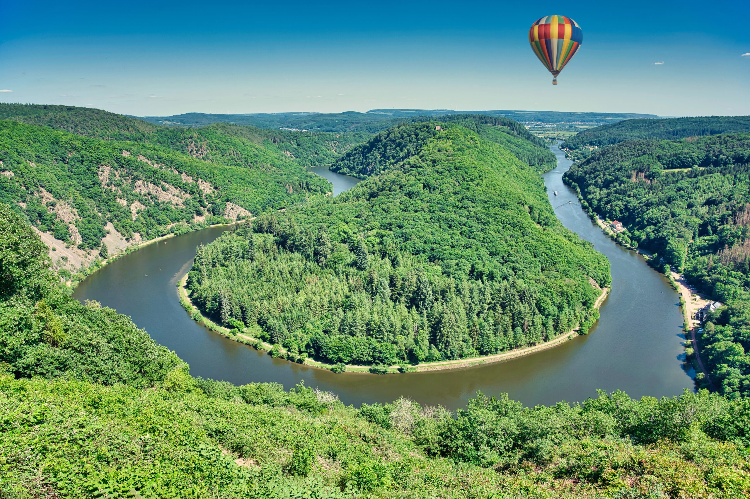 hot air balloon over the famous German Saarschleife near Mettlach