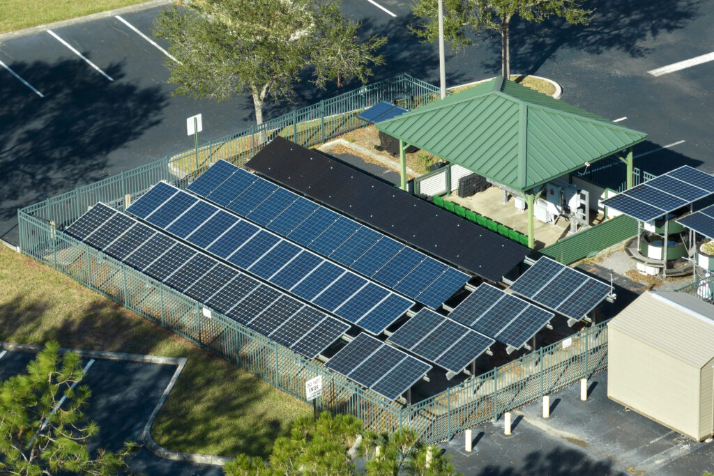 Top view of power facility with solar photovoltaic panels for producing of clean ecological electrical energy. Concept of autonomous home.
